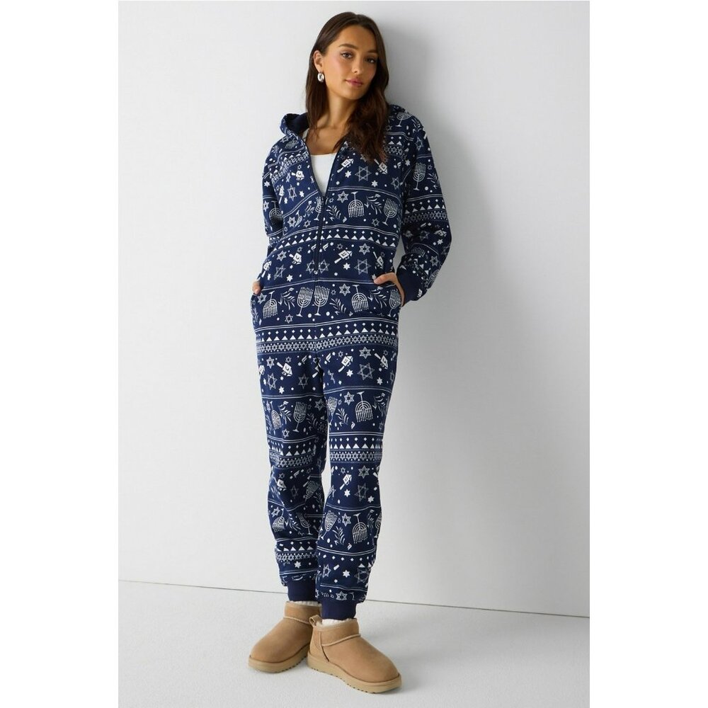 NWT Fabletics Cozy Fleece Hooded Onesie With Hanukkah Print Relaxed Fit Butter S